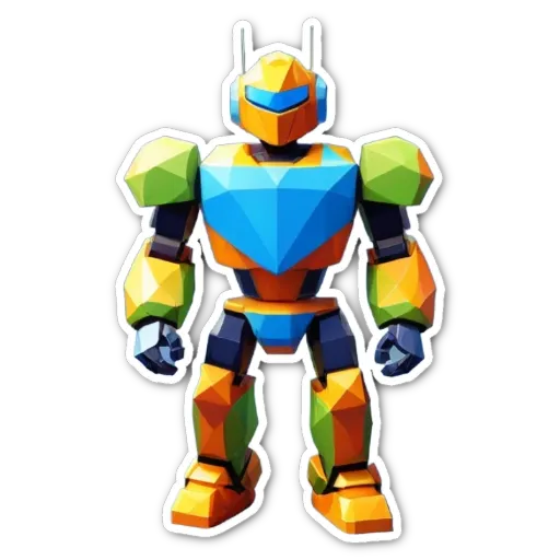 A colorful polygonal robot figure with a black background.