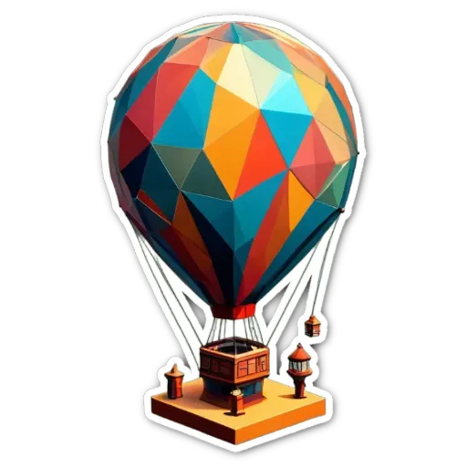 A colorful hot air balloon with a town in the background.
