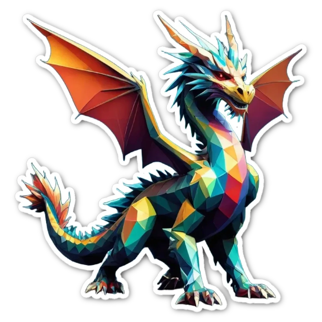 A polygonal dragon with triangular wings is standing on a black background.