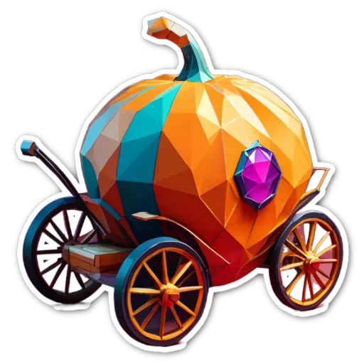 A colorful polyhedron of a pumpkin carriage with a gem in the window.