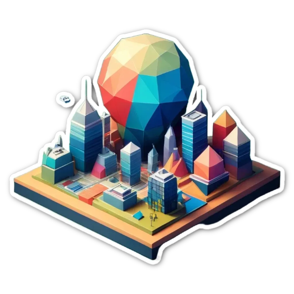 A cityscape polygonal sticker is on a black background.