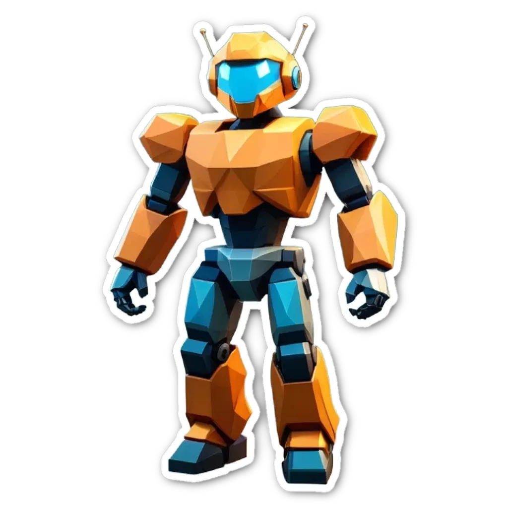 A robot that is orange and blue with a black background.