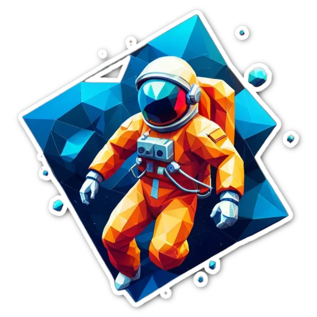 A sticker of a space suit man that is in blue and orange.