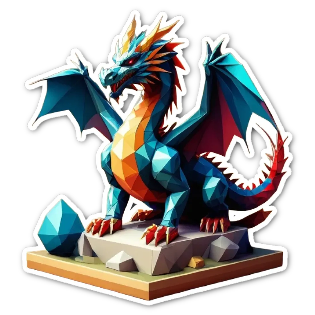 A blue and orange dragon sticker is on a black background.