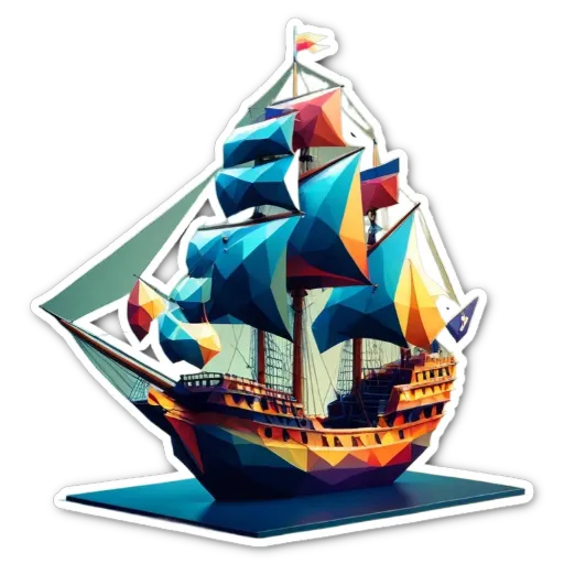 A colorful geometric design of a ship on a black background.
