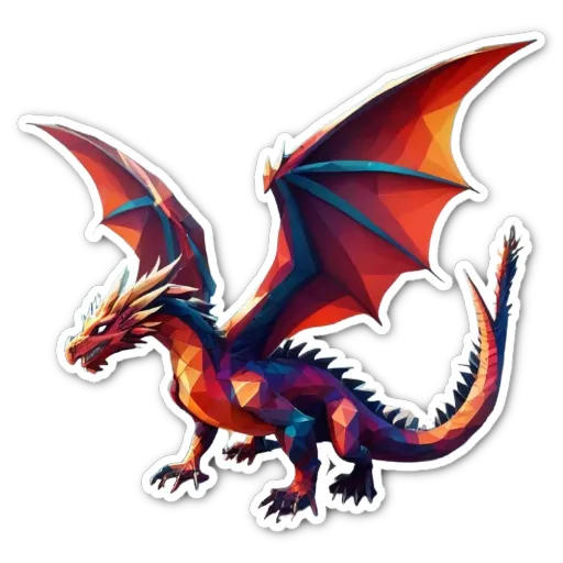 A polygonal dragon with a black eye and red and blue wings.