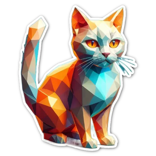 A colorful cat sticker sits on a black background.
