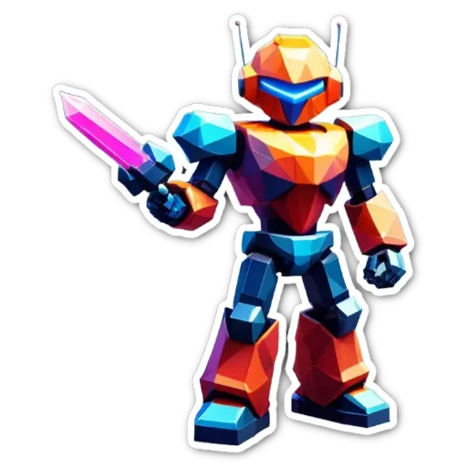 A colorful robot with a sword is standing on a black background.
