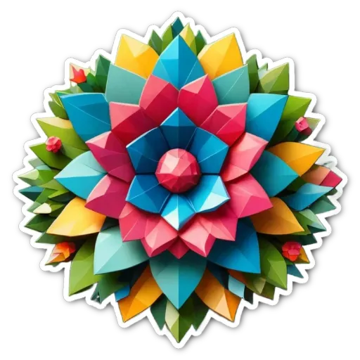 A very colorful flowery sticker with different colored leaves and a single red petal.