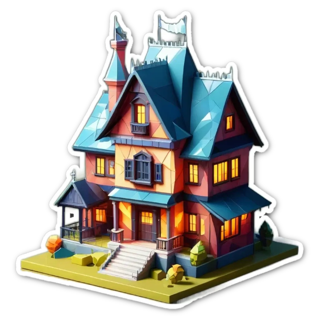 A sticker of a house with a staircase going up to it.