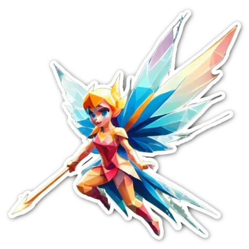 A colorful polygonal figure with a stick in her hand.