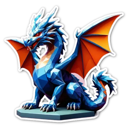 A blue and orange dragon sticker is sitting on a black background.