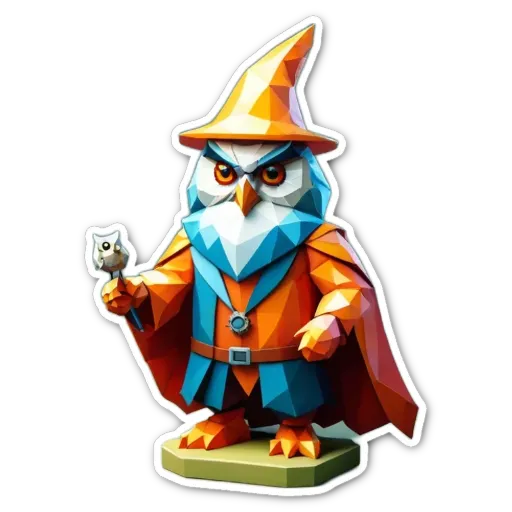 A polyhedron of a character with a wand and owl is holding a bird.