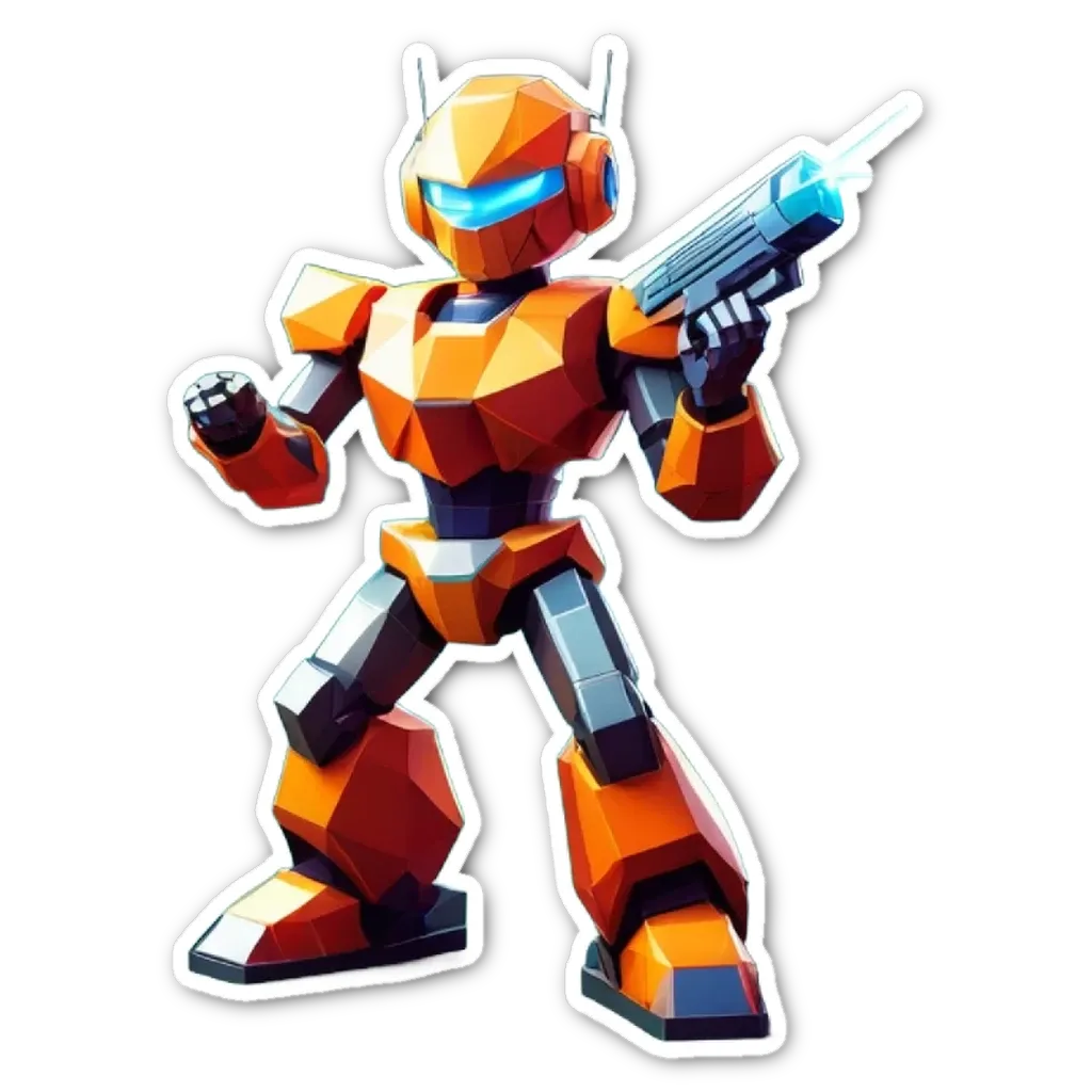 An orange and gray robot with blue eyes stands on a black background.