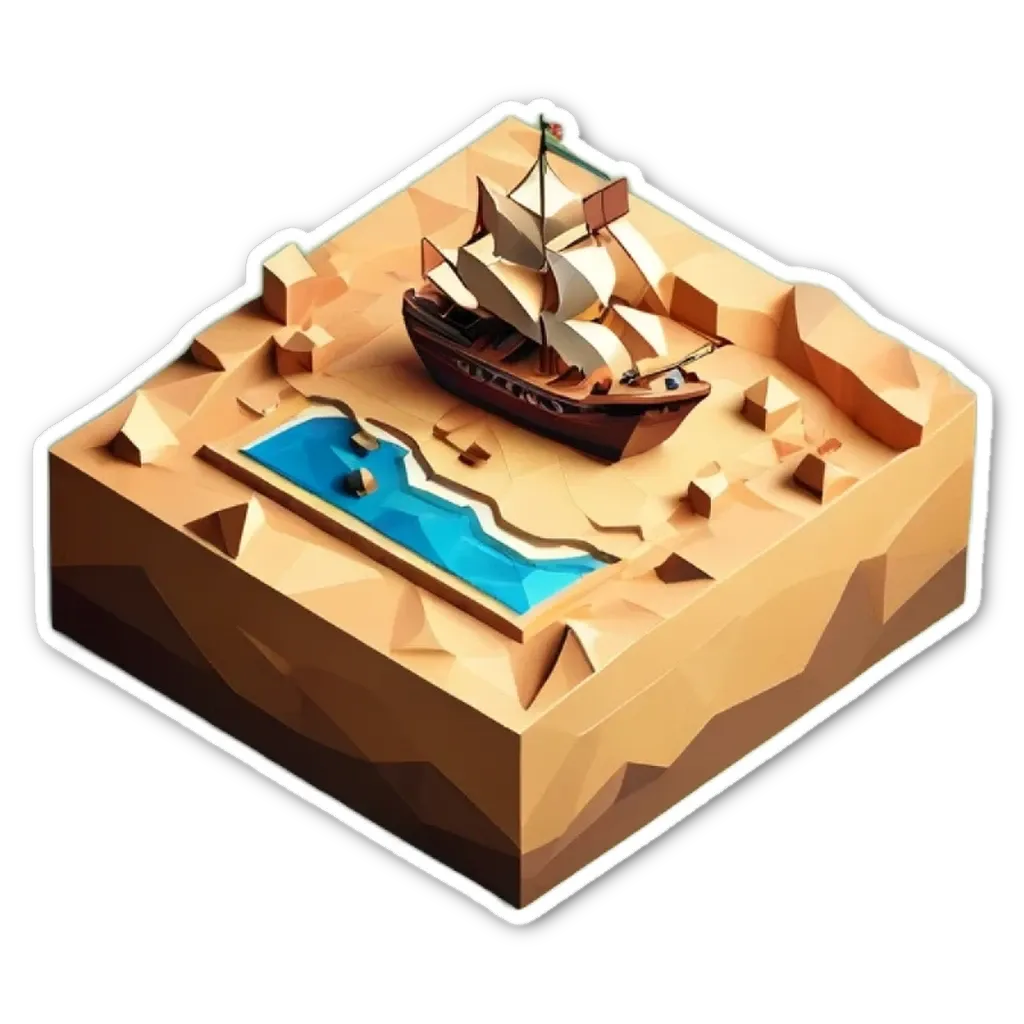 A desert island with a ship that is half in the water and half on land.