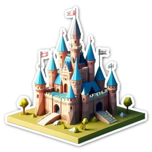 A sticker of a castle that is blue in color.