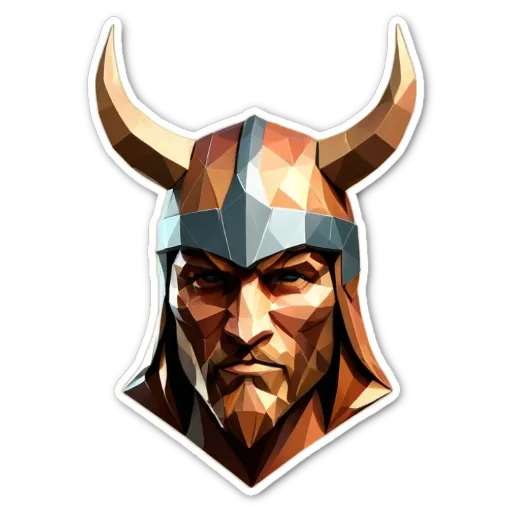 A polygonal head of a man with a sticker that reads 'Viking'.