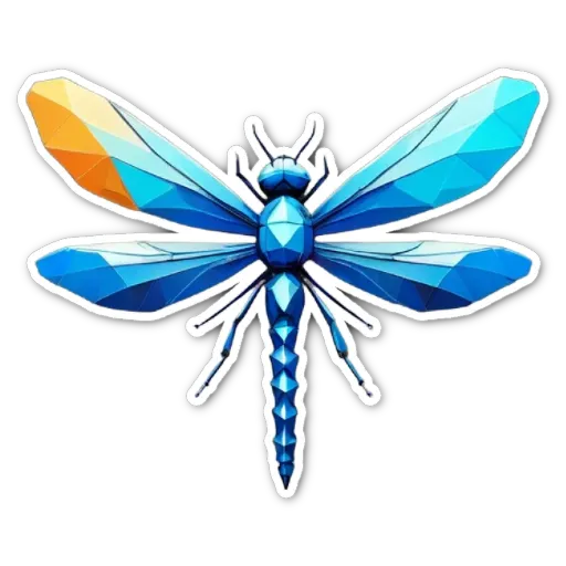 A sticker of a blue and orange dragonfly with a black background.