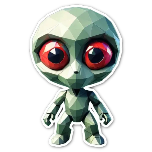 A sticker of a alien face that has red eyes.