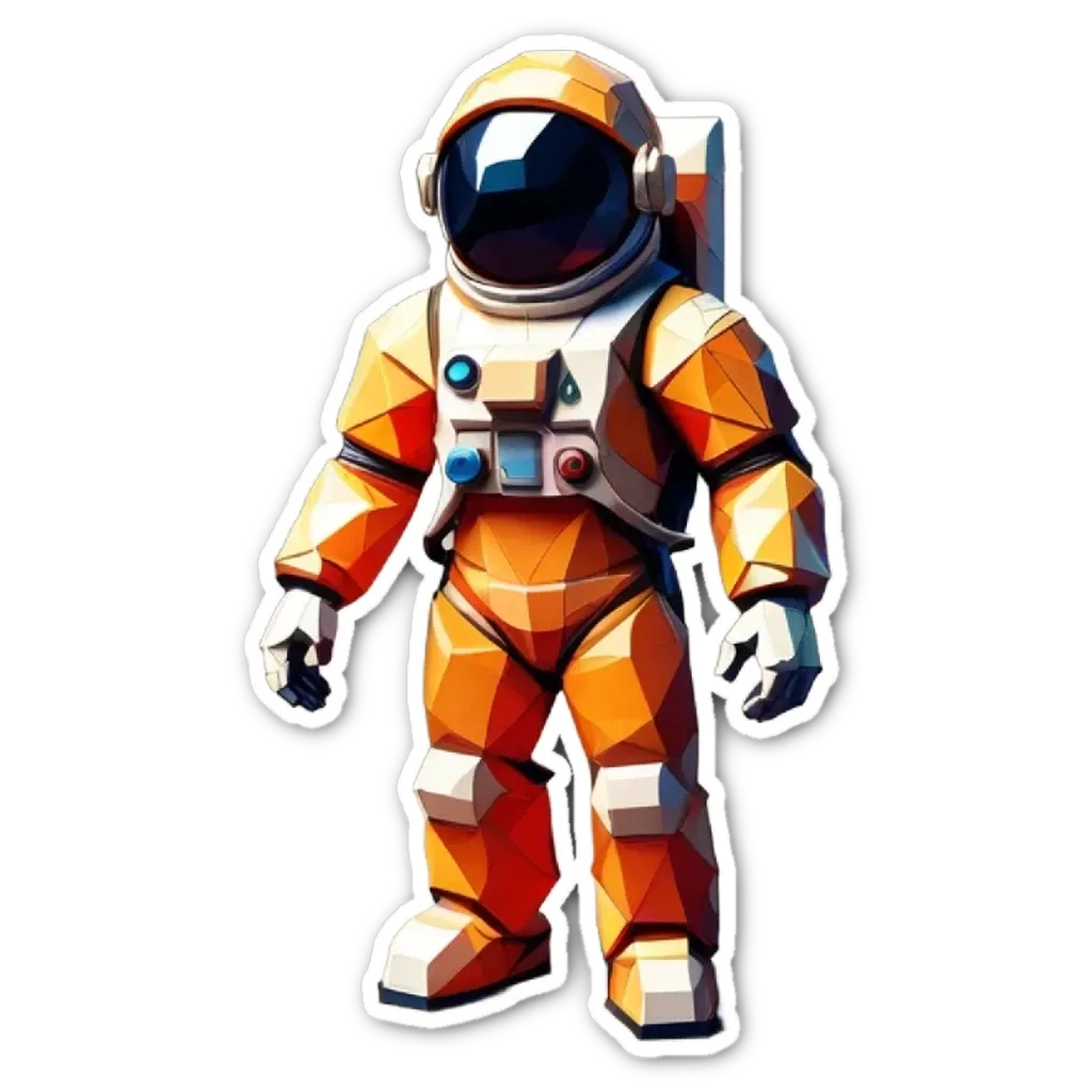 A man in an orange space suit is standing on a black background.