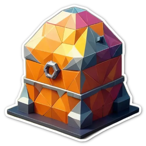 A 3D model of a colorful box with a metal bolt in it.