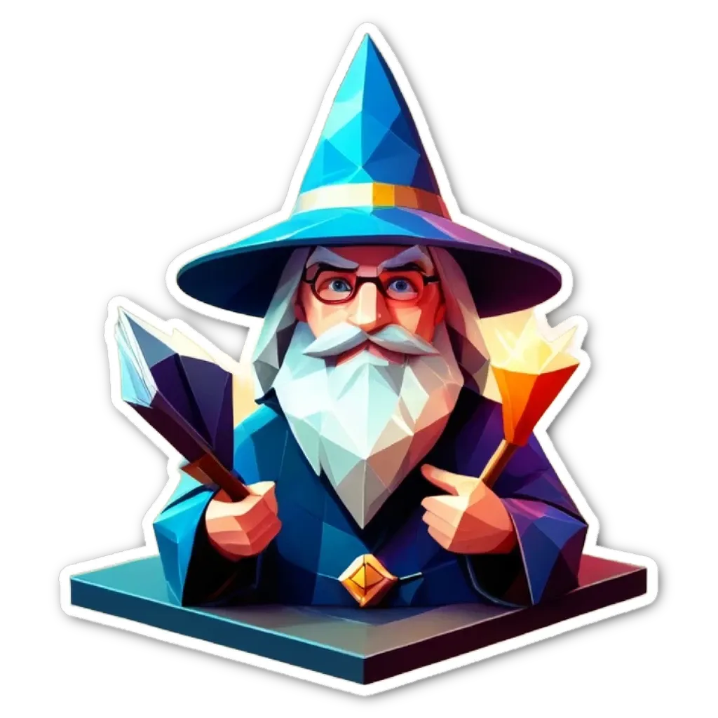 A polygonal wizard who wears glasses and a blue robe.