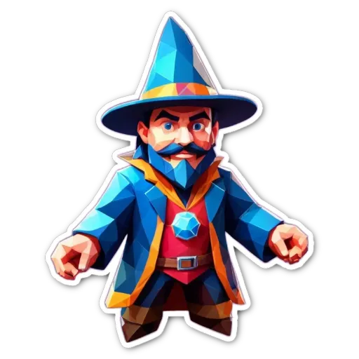 A cartoonish drawing of a wizard with a blue robe and hat.