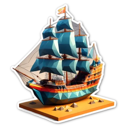 A sticker of a ship in a ocean that is blue and red.