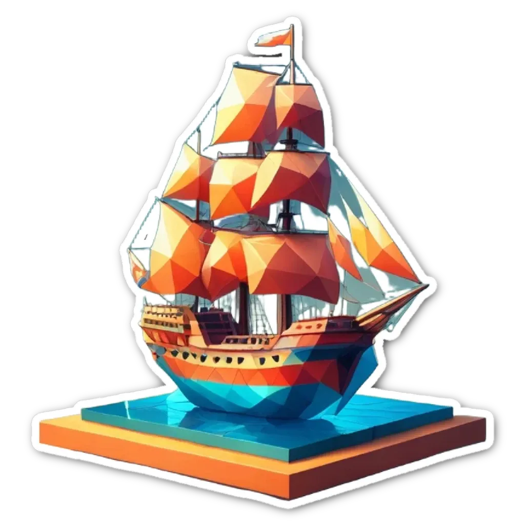 A sticker of a ship in the water that is generated by a 3D printer.