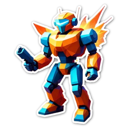 A blue and orange robot with a gun on its left.