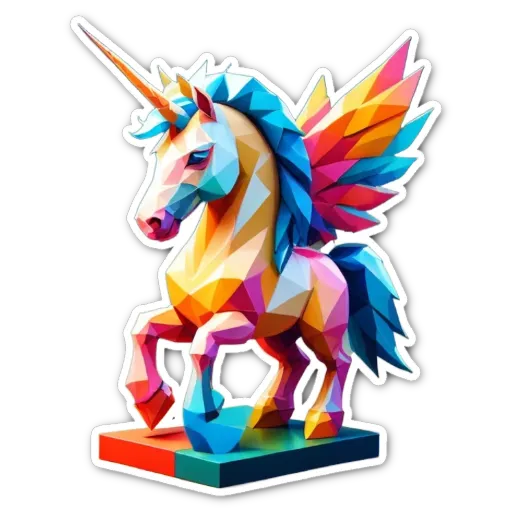 A colorful unicorn with blue eyes and blue wings.