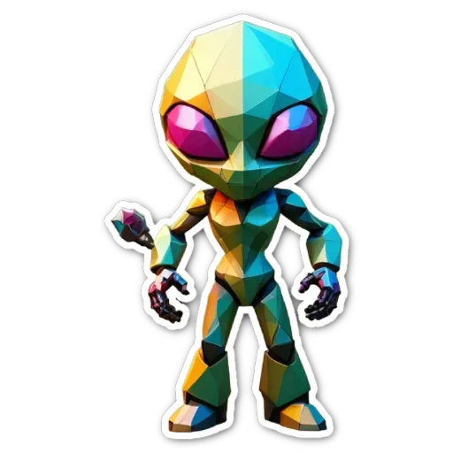 A sticker of an alien with a weapon that is green and yellow.