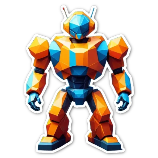 A plastic robot with blue and orange colors with a black background.