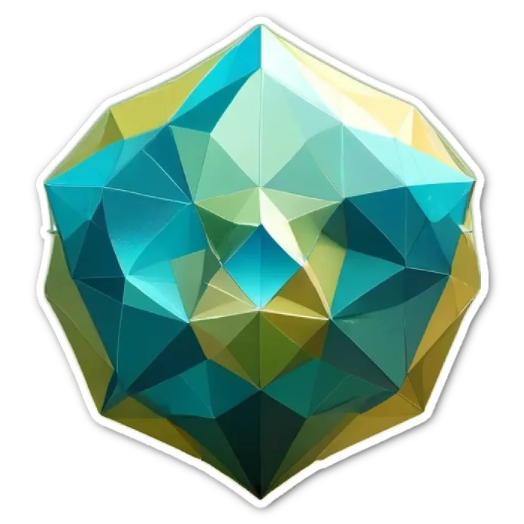 A blue and yellow polyhedron sticker in the center of a black background.