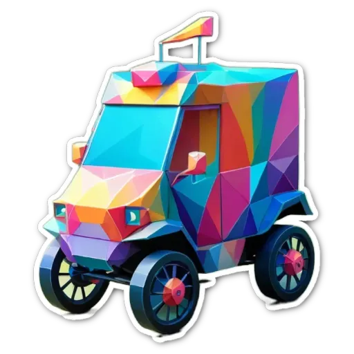 A colorful vehicle made of pieces of polyhedra with a black background.