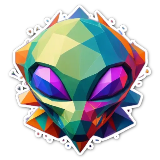 A colorful alien head sticker on a black background.