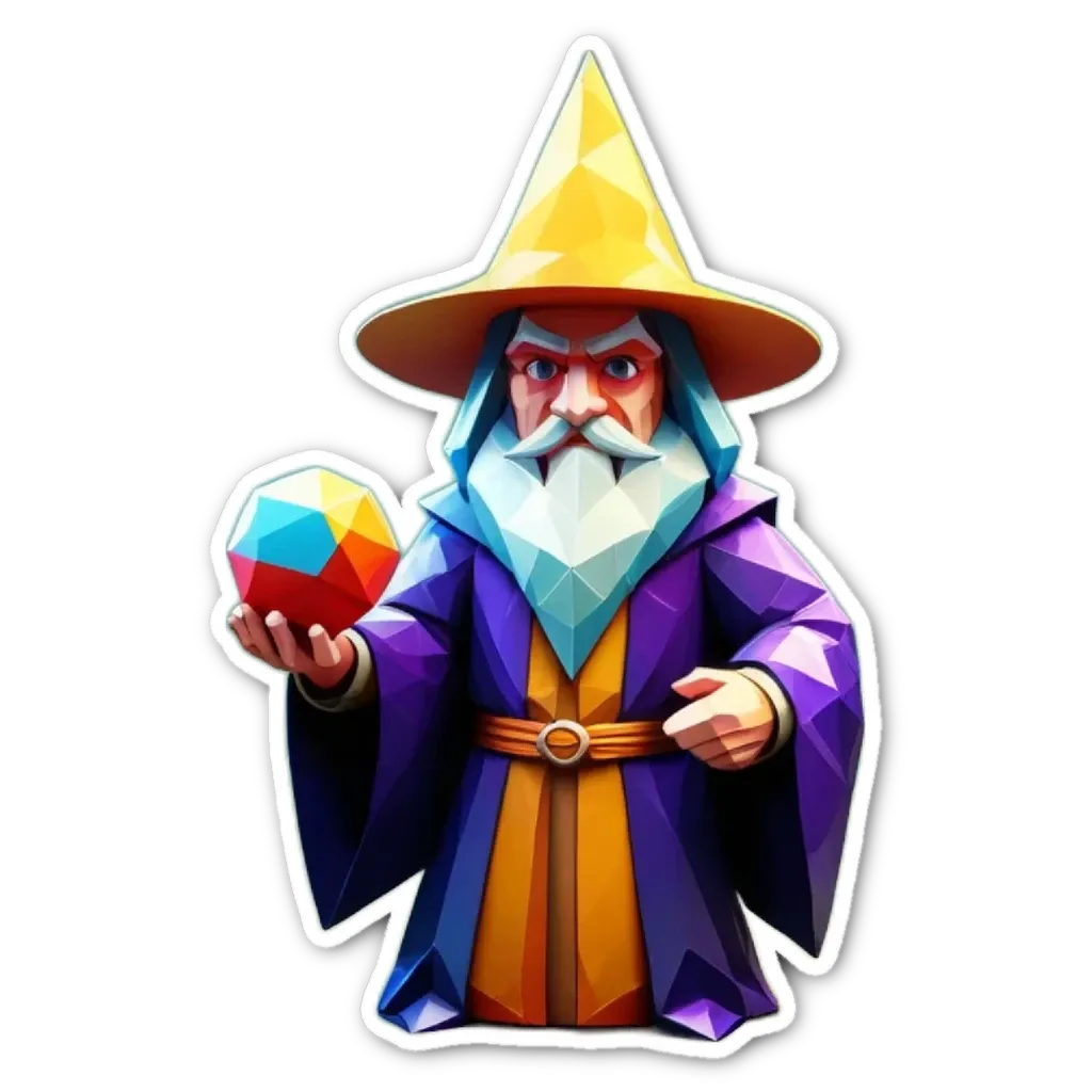 A cartoon drawing of a wizard with a geisha ball.