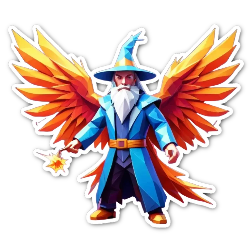 A wizard with a staff and wings is standing in front of a black background.