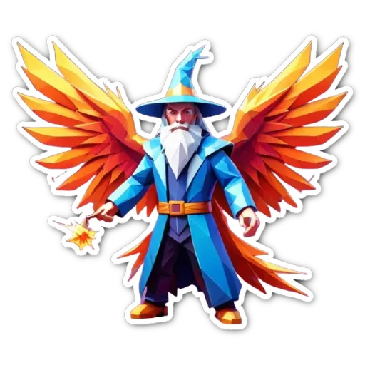 A wizard with a staff and wings is standing in front of a black background.