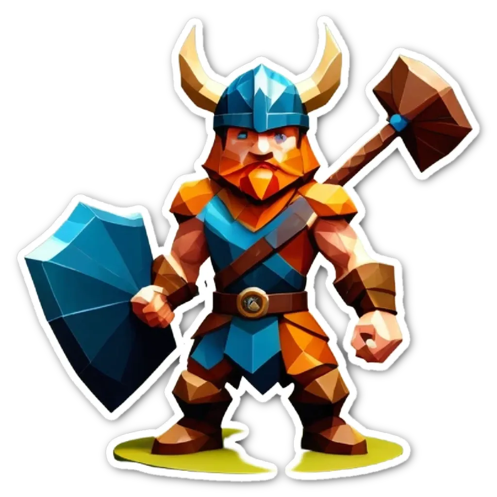 A cartoon drawing of a blue and orange Viking with a hammer.