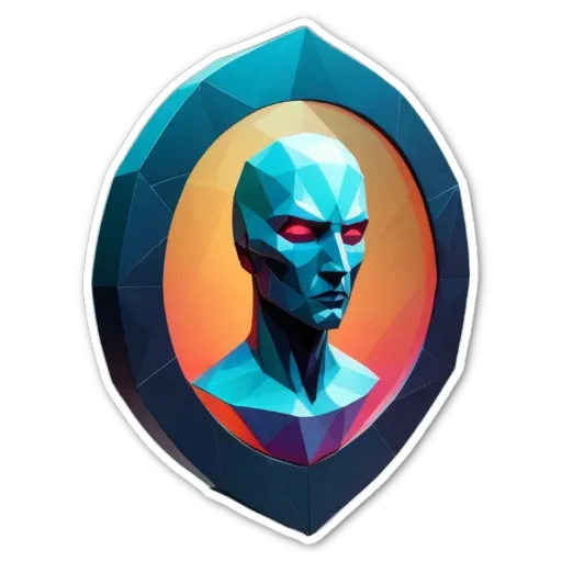 A blue and orange face is in a circle with a shield on it.