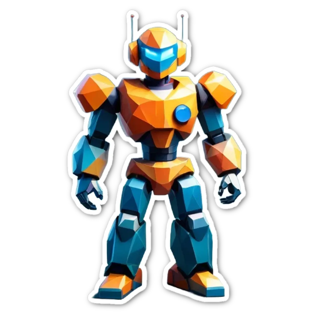 A robot that is orange and blue with a black helmet.