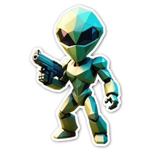 A green alien with a gun that is holding it in front of its face.