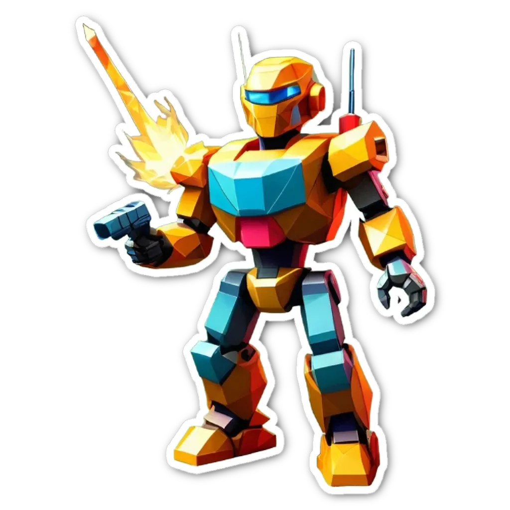 A yellow and blue robot with a gun on its left side.