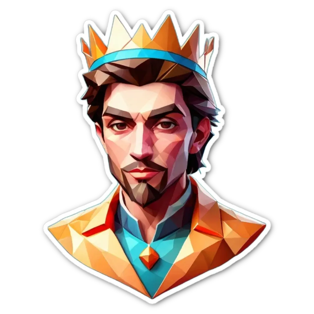 A man with a crown on his head is staring straight ahead.