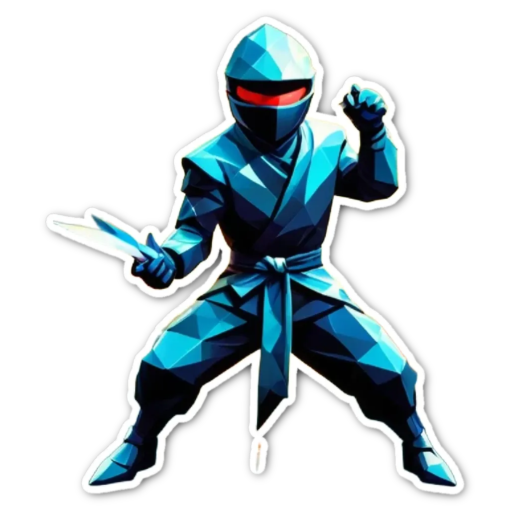 A sticker of a blue dressed person with knives for weapons.