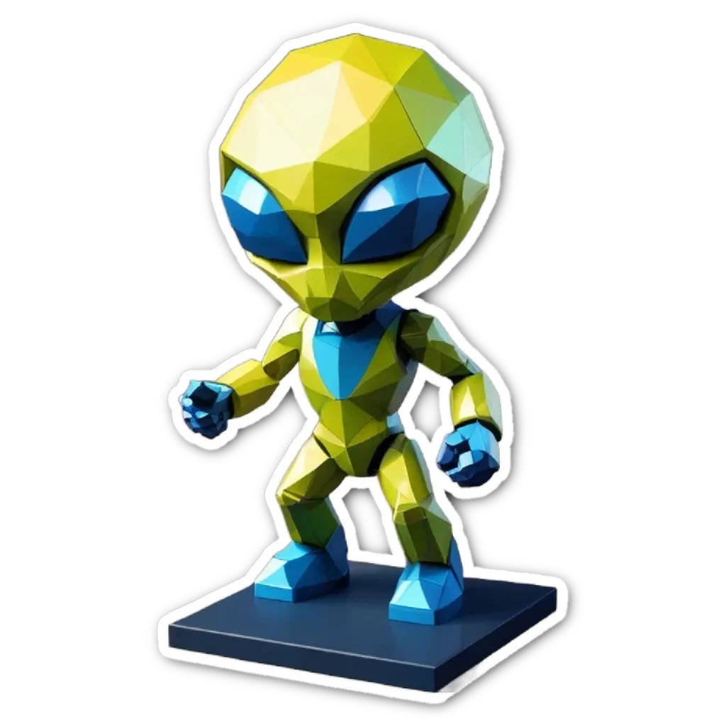 A green and yellow alien figure on a black background.