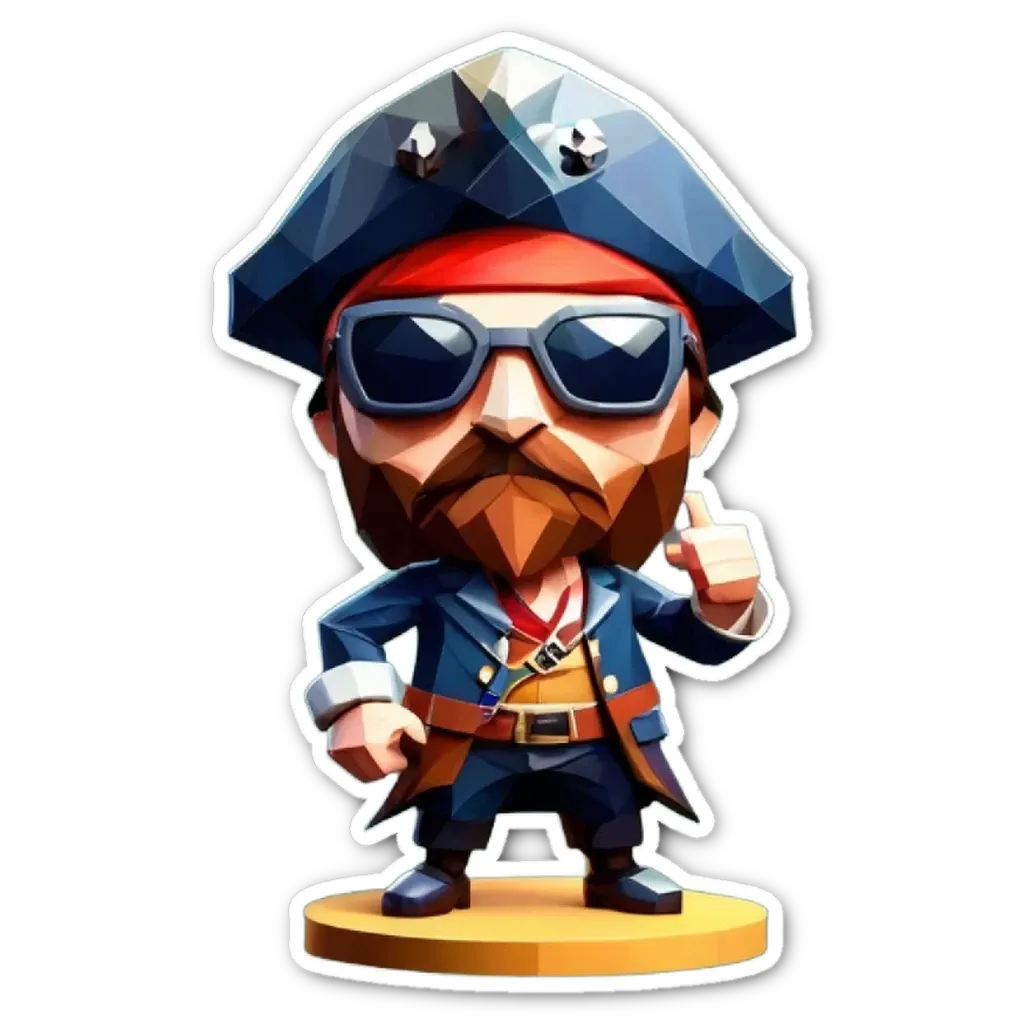 A figure wearing a pirate costume and sunglasses.