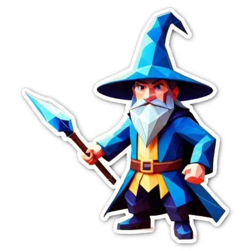 A polygonal wizard with a staff is standing on a black background.