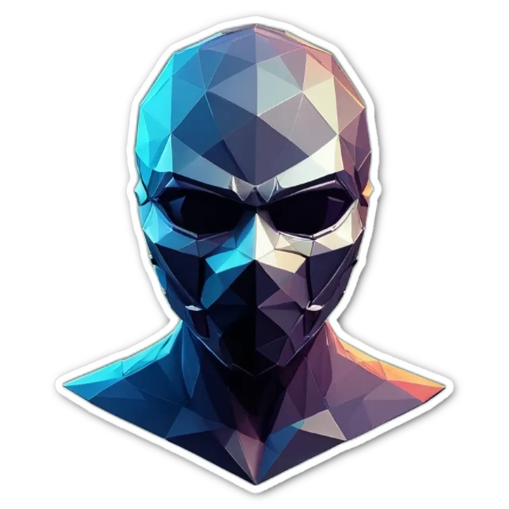 A faceless, polygonal head with a mask over its eyes.